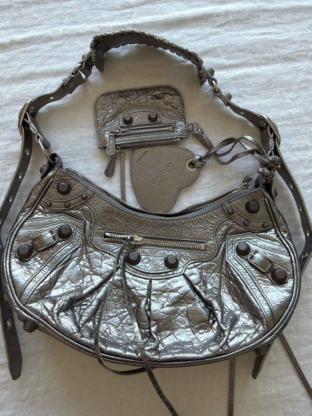 Balenciaga Metallic Silver Small Le Cagole Bag with Heart Charm